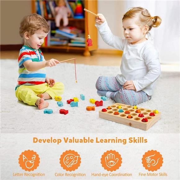 Wooden Magnetic Fishing Game, Fine Motor Skill Toy ABC Alphabet Color Sorting - Picture 2 of 6